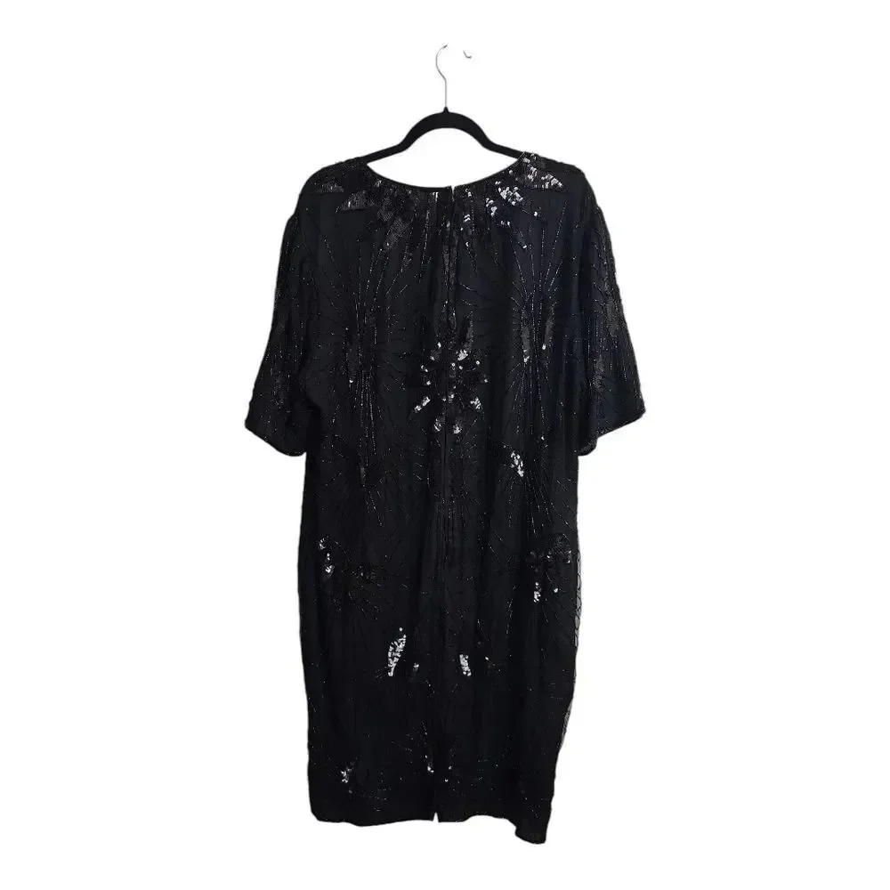 Vintage Jakelin Designs Silk Beaded Chic Black Sequin Midi Dress Size 1X